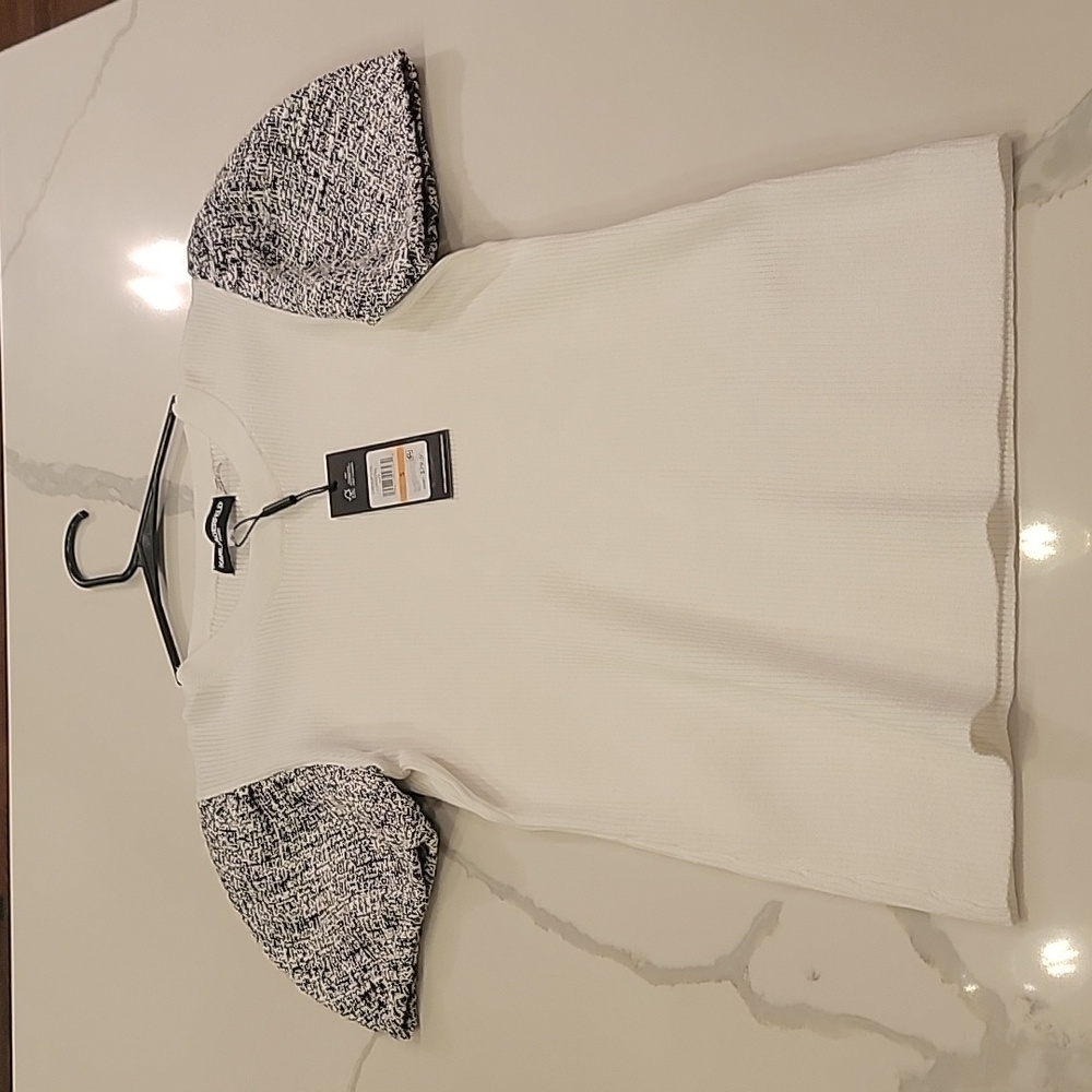 NWT Tweed Puff Sleeve White Ribbed Top